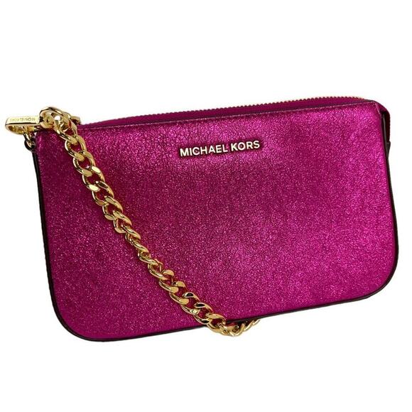 Michael Kors Jet Set Travel Metallic Hot Pink Gold Chain Pochette Bag Purse - Picture 5 of 16